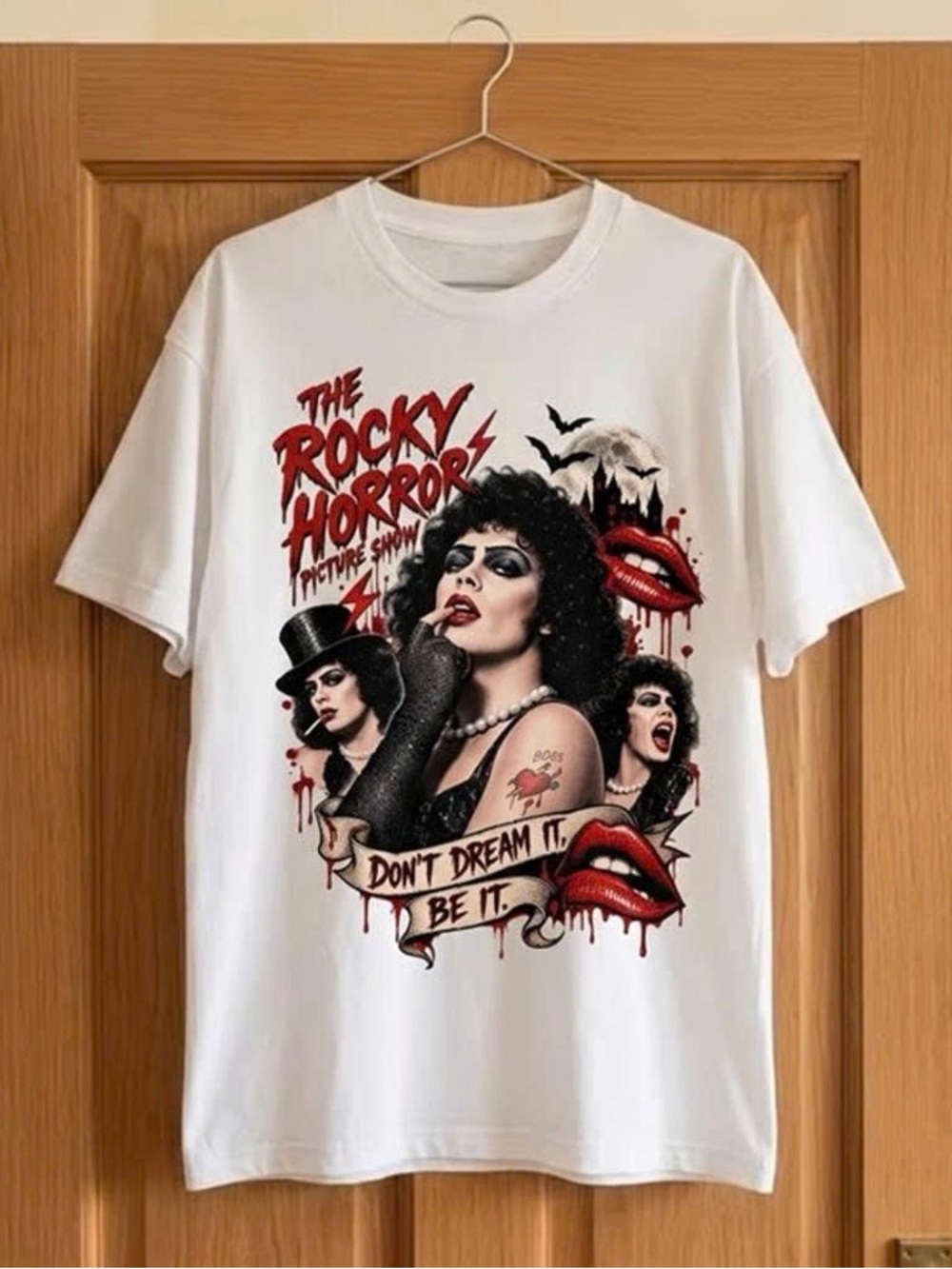 White Tim Curry Tee with Rocky Horror Red & Black Graphic